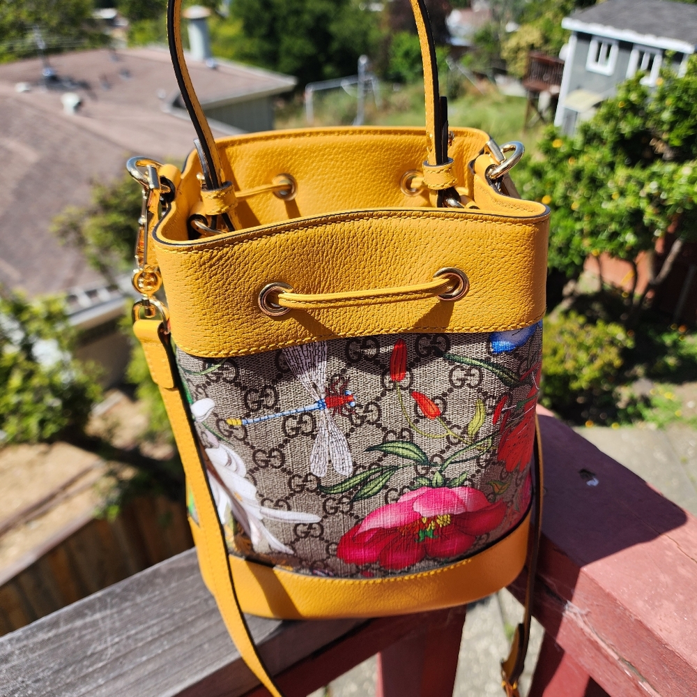 🌼 GUCCI 🌼Ophidia Flora Small GG Canvas Bucket Bag Yellow - Picture 6 of 13